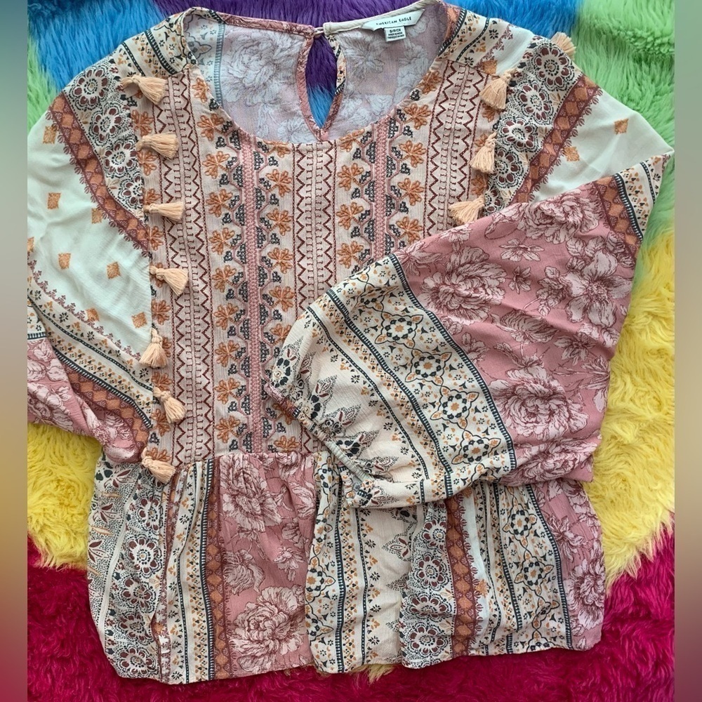 Excellent Condition, American Eagle Peasant Peplum Blouse w/Tassels, Size Small - Picture 2 of 8